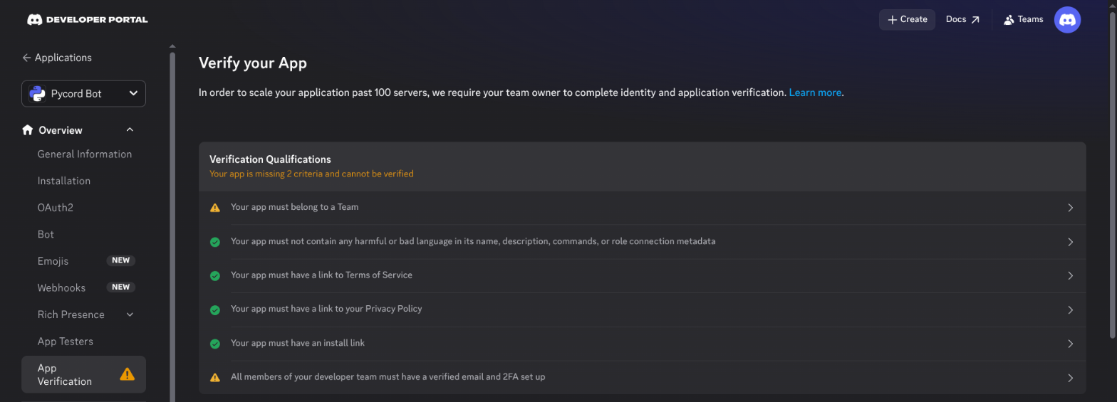 The App Verification page listing the verification requirements