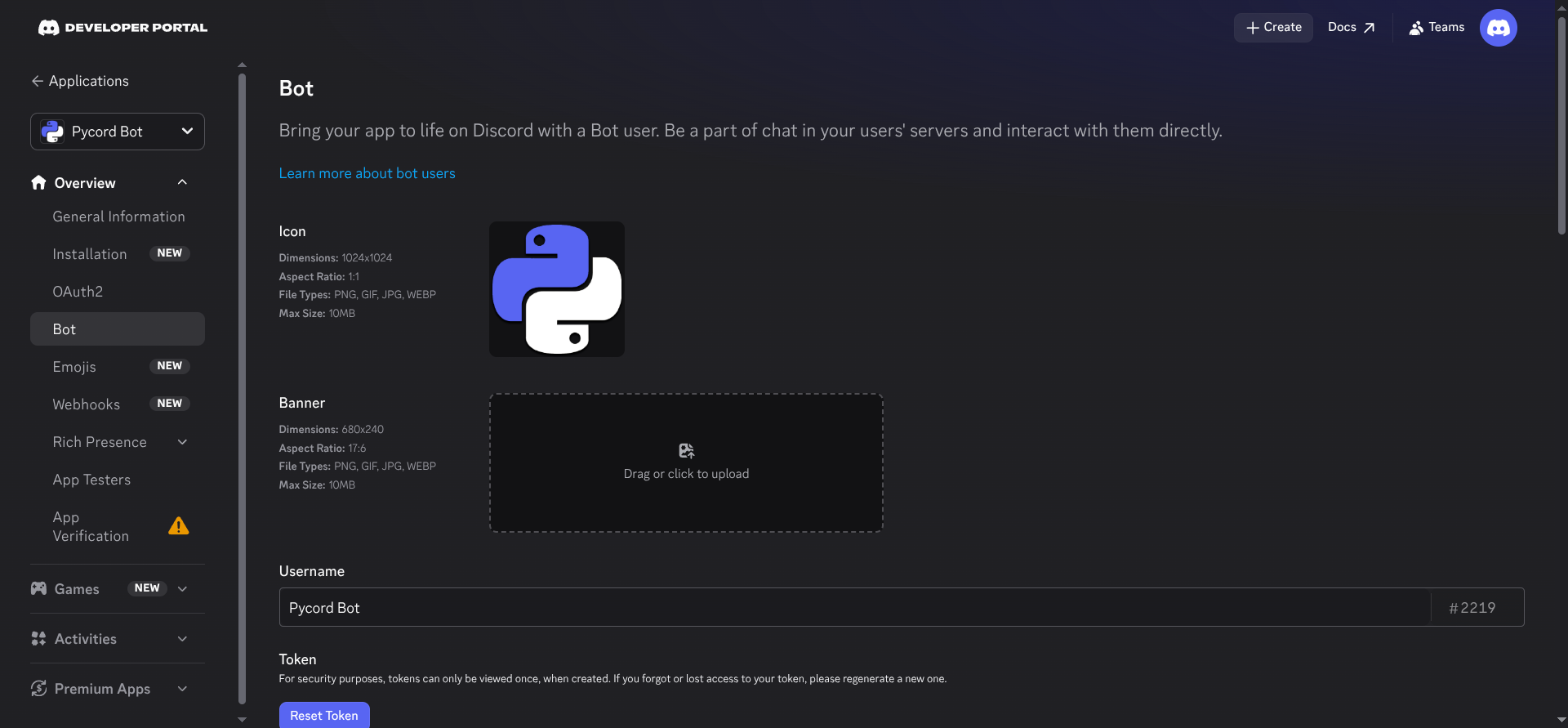 The Bot page of an application