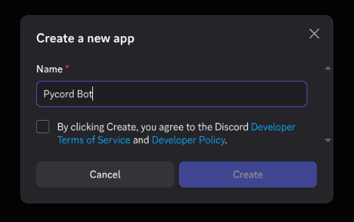 The "Create a new app" dialog
