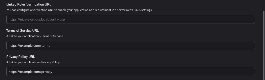 The Terms of Service URL and Privacy Policy URL fields on the General Information page