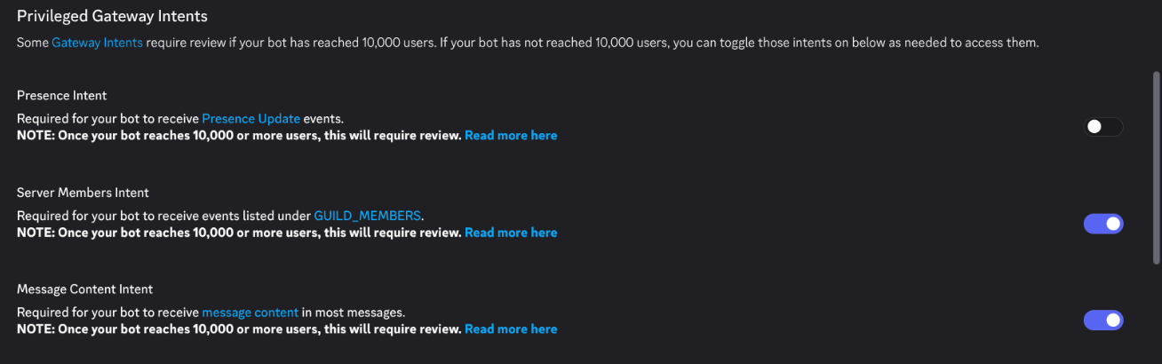 The Privileged Gateway Intents section of the Bot page
